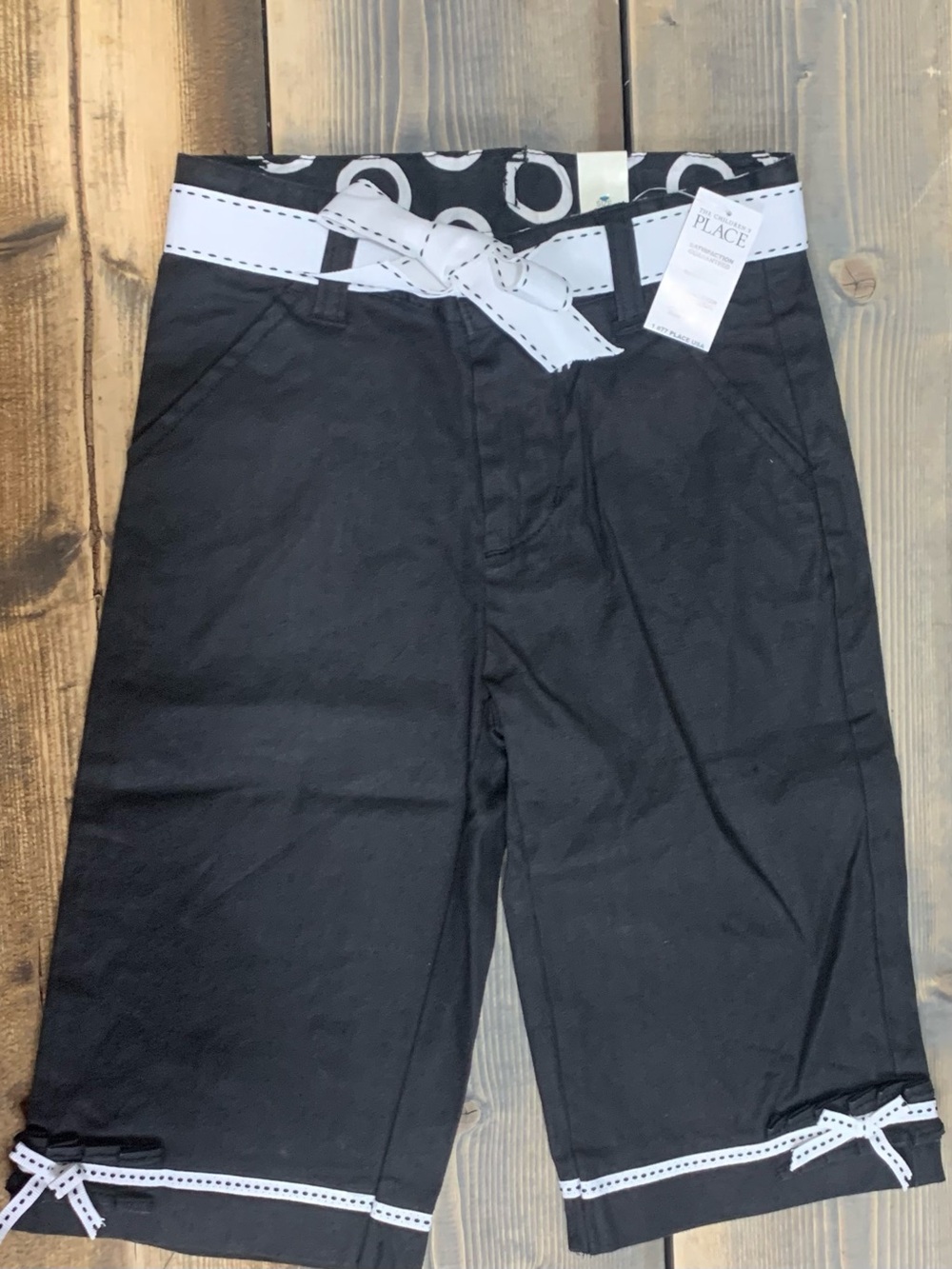 The Children's Place Black Bermuda Shorts with White Ribbon Trim